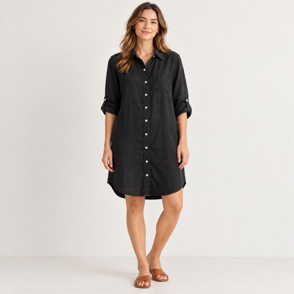 Quince 100% European Linen Shirt Dress Black Long Sleeve LB19492 Womens M Luxury